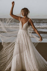 3D Lace Appliqué Bridal Dress Deep V Neck sexy A-Line Wedding Gown Beach Bride Dress Ms205106