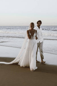 3D Lace Appliqué Bridal Dress Deep V Neck sexy A-Line Wedding Gown Beach Bride Dress Ms205106