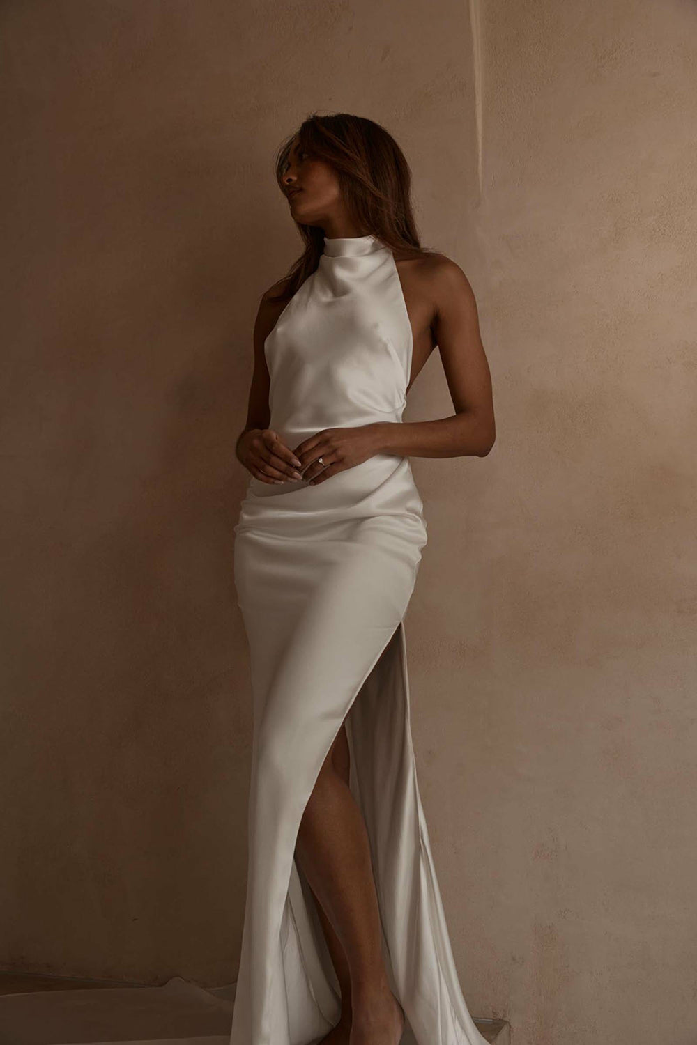 Halter Satin Mermaid Wedding Dress Backless High Slit Bridal Gown Modern Party Dress Ms25051113