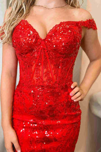 Red Sequin Off Shoulder Homecoming Dresses Corset Mini Sparkly Party Dress Ms2601083