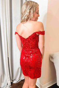 Red Sequin Off Shoulder Homecoming Dresses Corset Mini Sparkly Party Dress Ms2601083