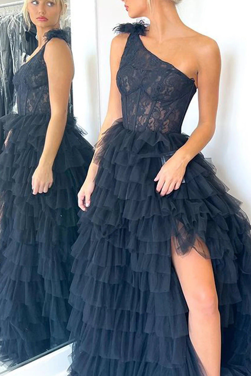 Abito da sera con spacco Ruffle, scollo a cuore, applicazioni in pizzo, corsetto, abito formale per festa di prom Ms2504114