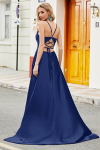 Navy Blue Lace Spaghetti Strap Prom Dress Side Slit Open Back Party Dress Ms2509262