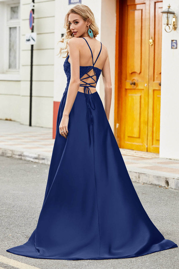 Navy Blue Lace Spaghetti Strap Prom Dress Side Slit Open Back Party Dress Ms2509262