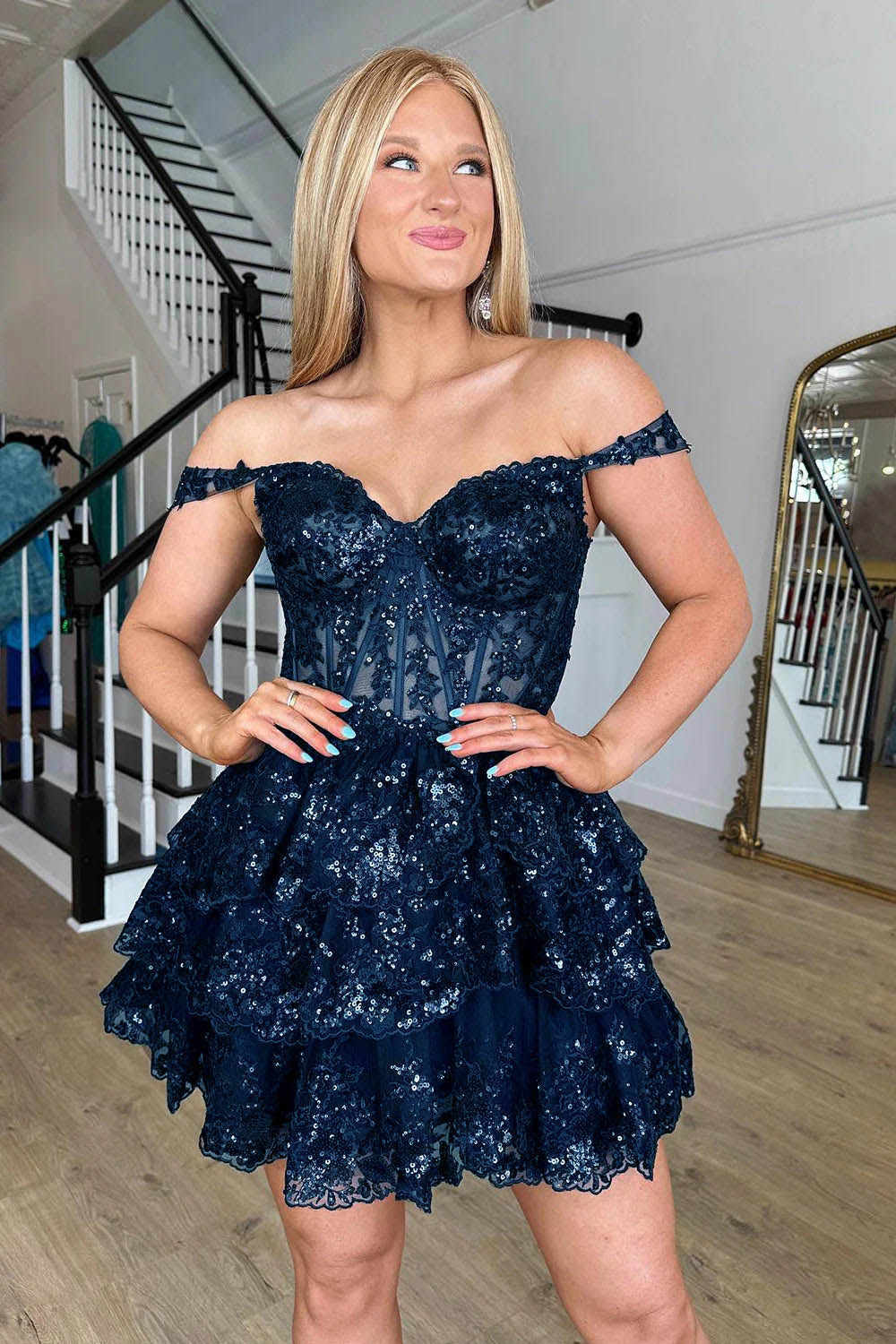 Gold Sequin Prom Dress Lace Layered Off Shoulder Mini Party Dress Ms09193