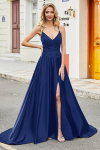 Navy Blue Lace Spaghetti Strap Prom Dress Side Slit Open Back Party Dress Ms2509262
