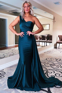 One Shoulder Black Evening Dress Mermaid Satin Prom Gown Ms2510113