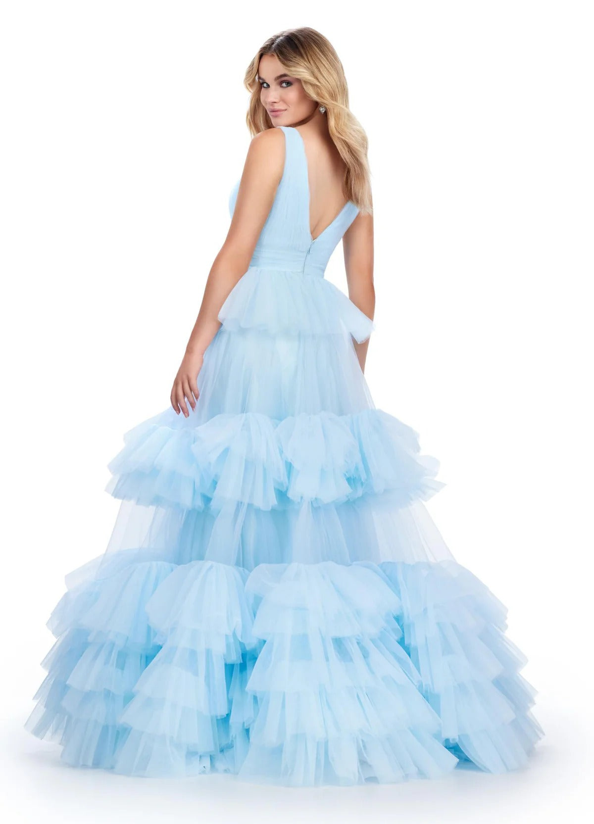 Tiered Tulle Ruffle Evening Gown V-Neck A-Line Prom Dresses Ms2602042