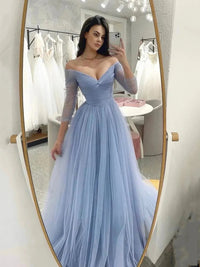 Off Shoulder Tulle Graduation Dress A-Line Long Sleeve Prom Dress Evening Party Dress Ms205105