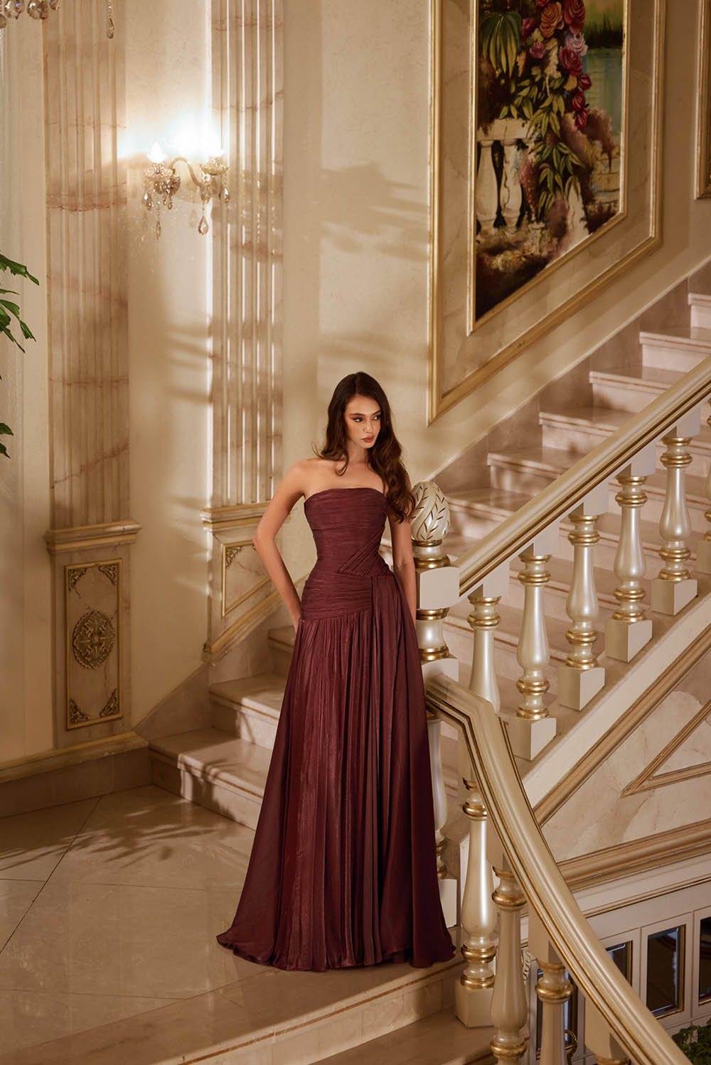 Shiny Silk Prom Dress Strapless Ruched Women's A Line Evening Party Gown Ms2609044