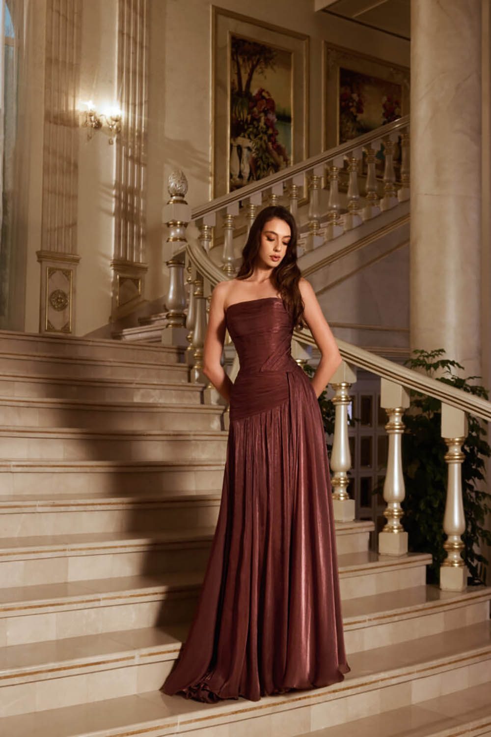 Shiny Silk Prom Dress Strapless Ruched Women's A Line Evening Party Gown Ms2609044