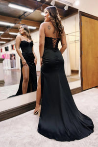 Black Strapless Corset Evening Gown High Slit Formal Prom Dress Ms2601085