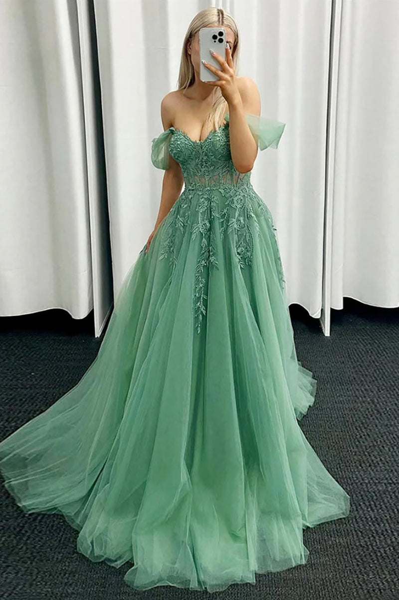 Green Off Shoulder Tulle Prom Dress Lace Appliqué Formal Evening Dress Ms2601084