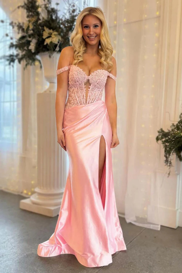 Blush Pink Off Shoulder Lace Corset Satin Prom Dress High Slit Evening Gown Ms2601073