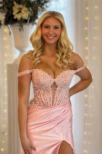 Blush Pink Off Shoulder Lace Corset Satin Prom Dress High Slit Evening Gown Ms2601073