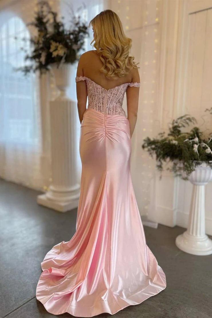 Blush Pink Off Shoulder Lace Corset Satin Prom Dress High Slit Evening Gown Ms2601073