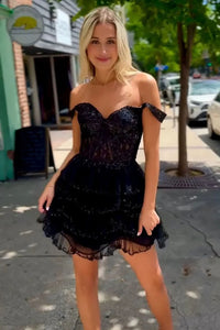 Off Shoulder Party Dress Mini Cocktail Dress Layered Sparkle Homecoming Dress Ms2601096