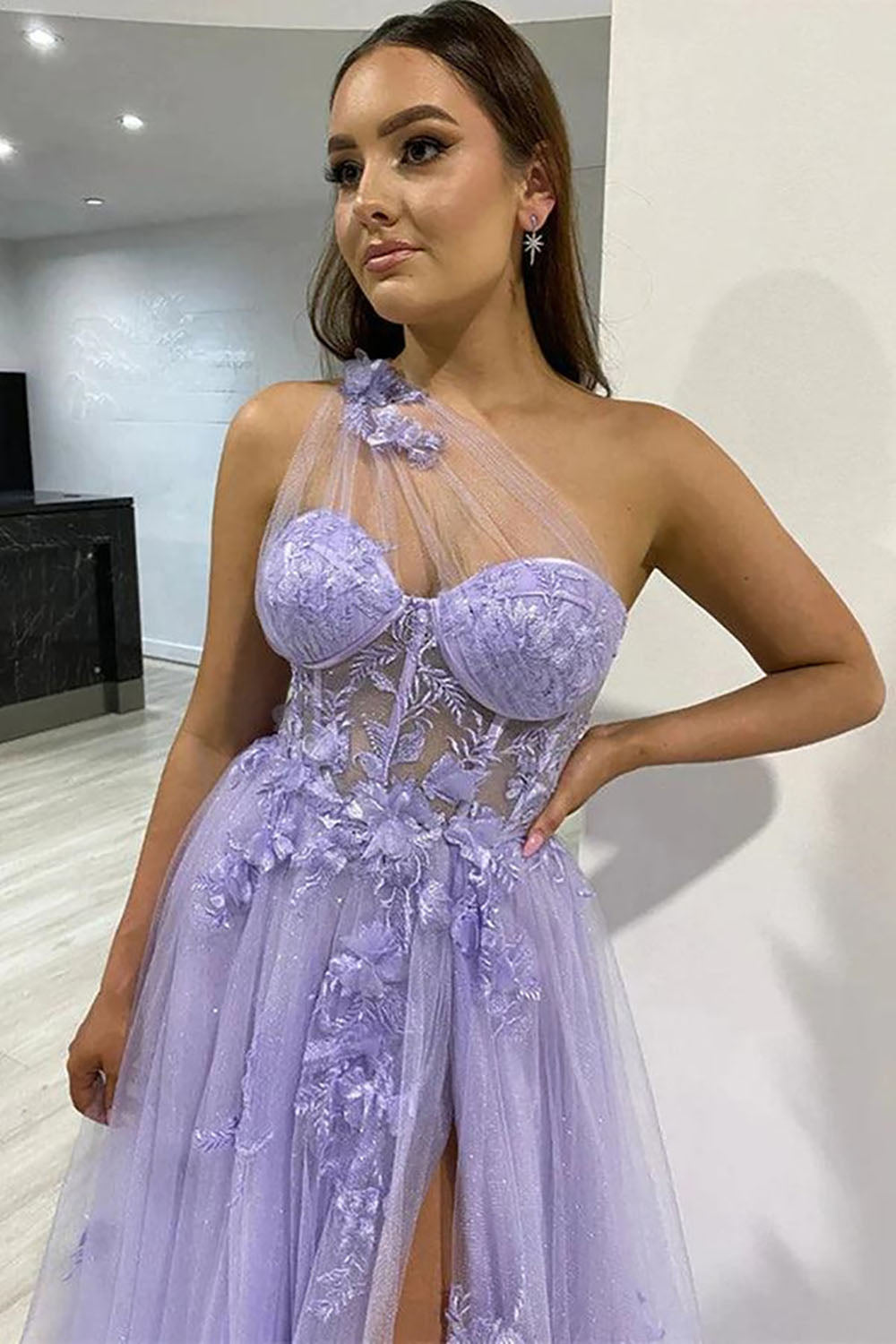 One Shoulder Tulle Evening Gown 3D Floral Applique Corset High Slit Formal Prom Dress Ms2601091