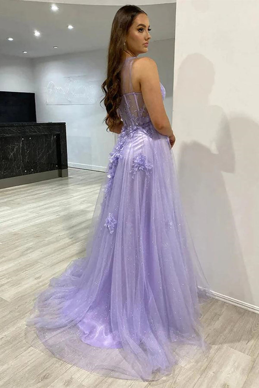 One Shoulder Tulle Evening Gown 3D Floral Applique Corset High Slit Formal Prom Dress Ms2601091