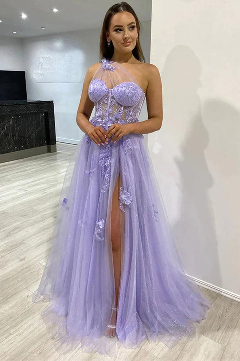 One Shoulder Tulle Evening Gown 3D Floral Applique Corset High Slit Formal Prom Dress Ms2601091