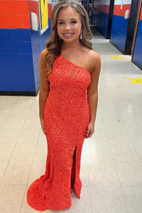 Sequin One Shoulder Prom Dress High Slit Long Evening Gown Ms250804