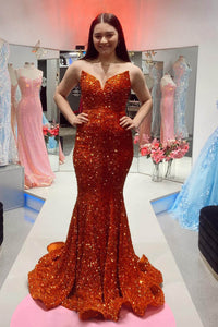 Red Strapless Mermaid Evening Dress Sparkly Long Prom Dress Ms2509211
