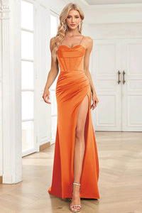 Satin Evening Gown Sexy Spaghetti Strap Corset Prom Dress With Slit Ms2510161