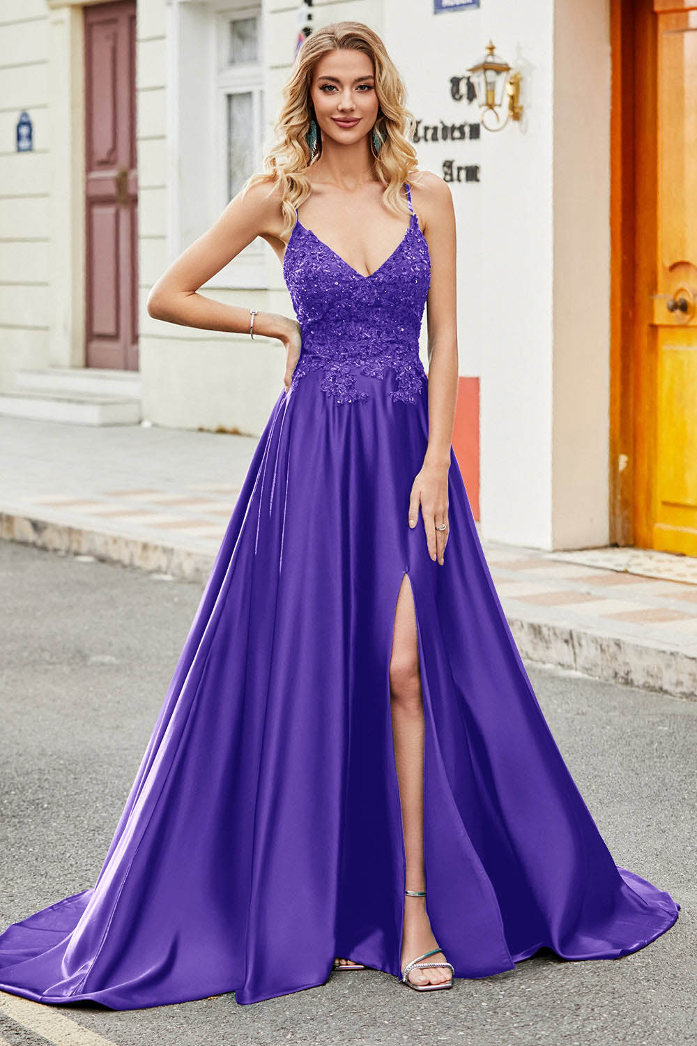 Navy Blue Lace Spaghetti Strap Prom Dress Side Slit Open Back Party Dress Ms2509262