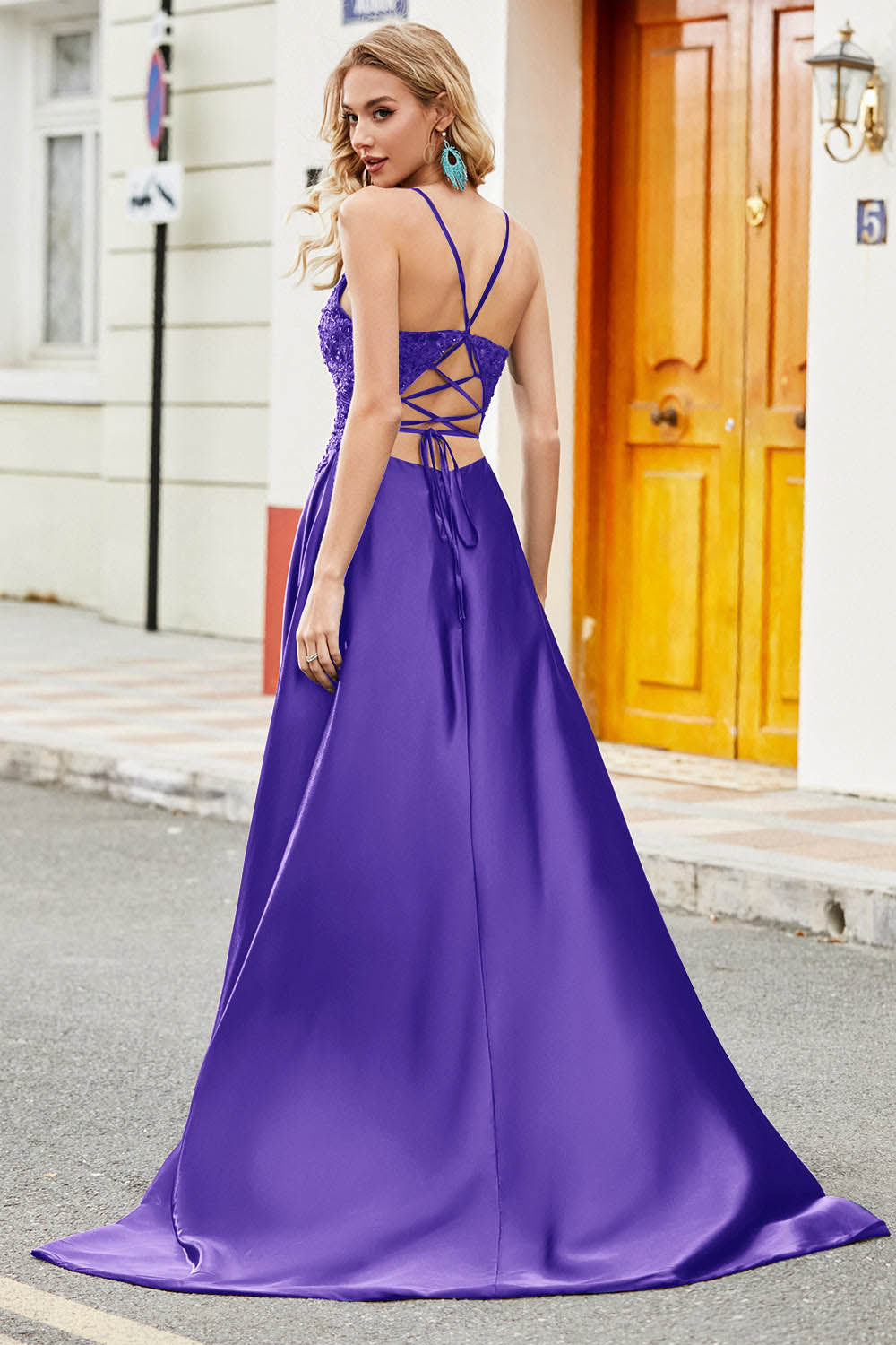 Navy Blue Lace Spaghetti Strap Prom Dress Side Slit Open Back Party Dress Ms2509262