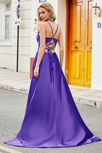 Navy Blue Lace Spaghetti Strap Prom Dress Side Slit Open Back Party Dress Ms2509262
