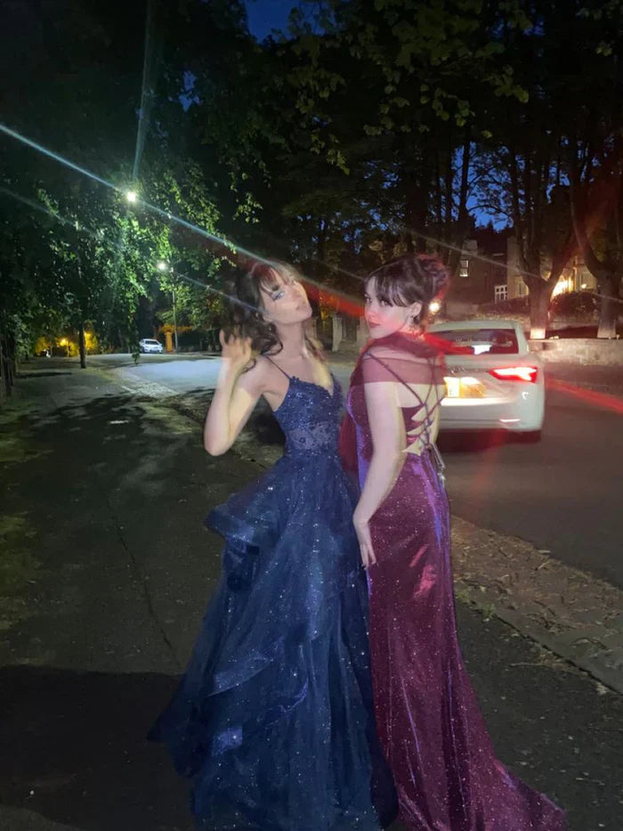 Sparkly Prom Dress Spaghetti Straps Lace Appliques Corset Tiered Tulle Evening Dresses Ms2607302