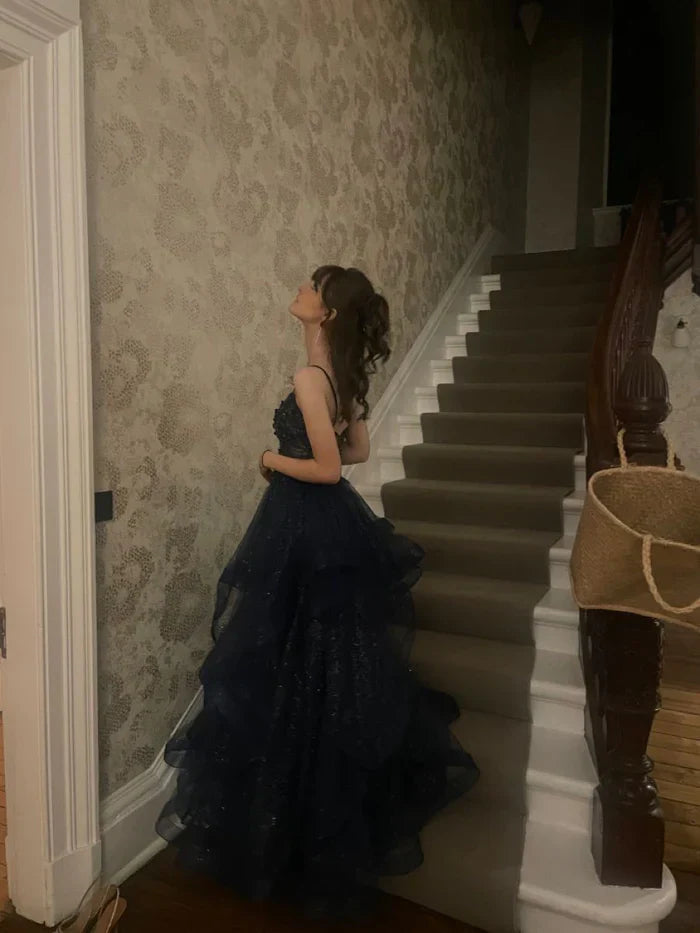 Sparkly Prom Dress Spaghetti Straps Lace Appliques Corset Tiered Tulle Evening Dresses Ms2607302
