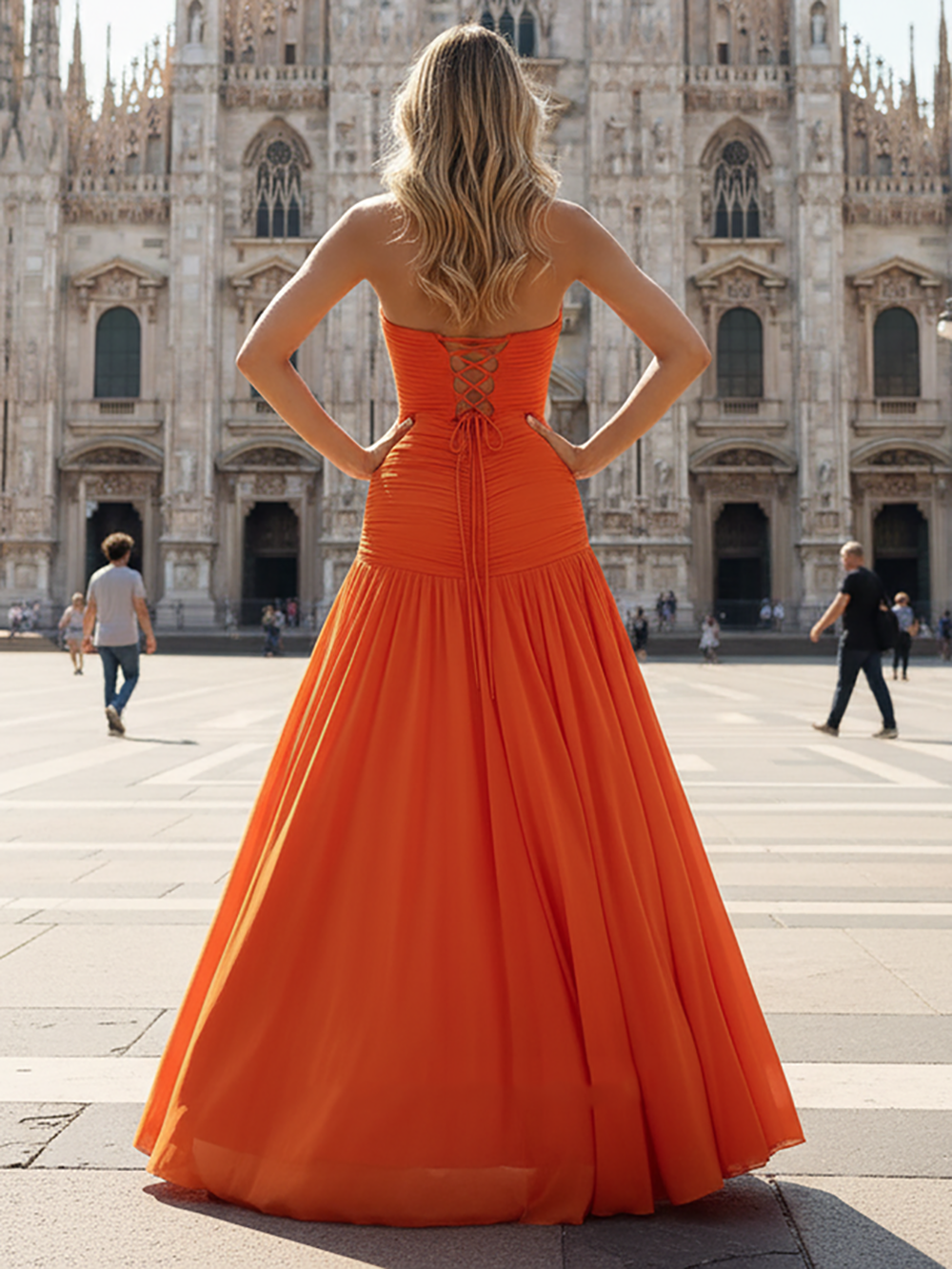 Orange Pleated Evening Gown Strapless Chiffon Prom Dress High Slit Formal Gown Ms2601131