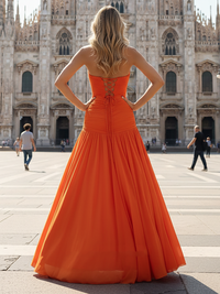 Orange Pleated Evening Gown Strapless Chiffon Prom Dress High Slit Formal Gown Ms2601131