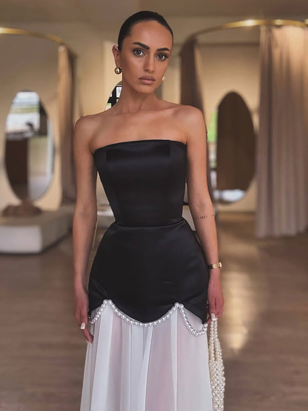 Strapless Satin Evening Dress Pearl Chiffon Skirt Formal Prom Gown Ms2601121