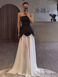 Strapless Satin Evening Dress Pearl Chiffon Skirt Formal Prom Gown Ms2601121