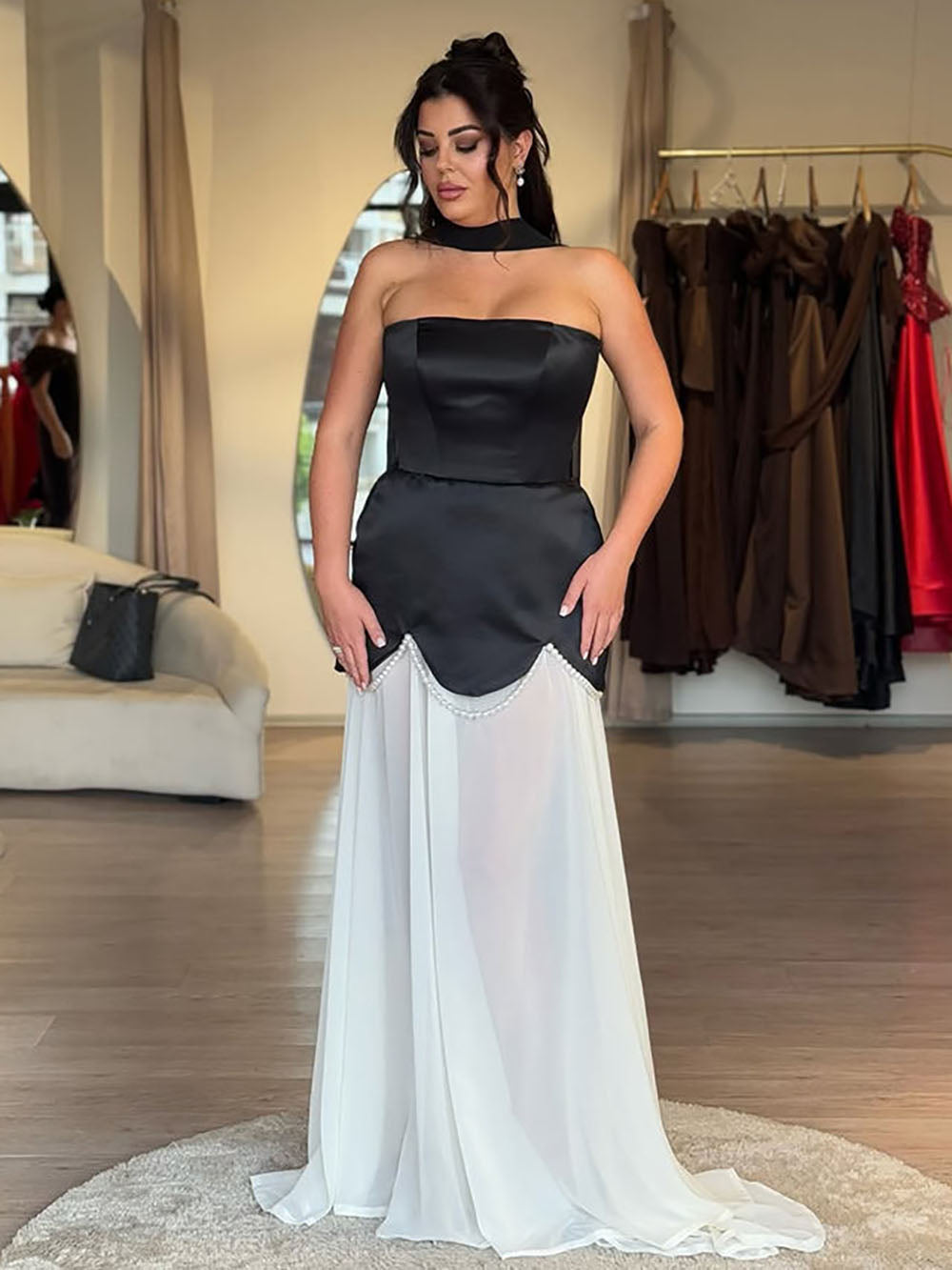 Strapless Satin Evening Dress Pearl Chiffon Skirt Formal Prom Gown Ms2601121
