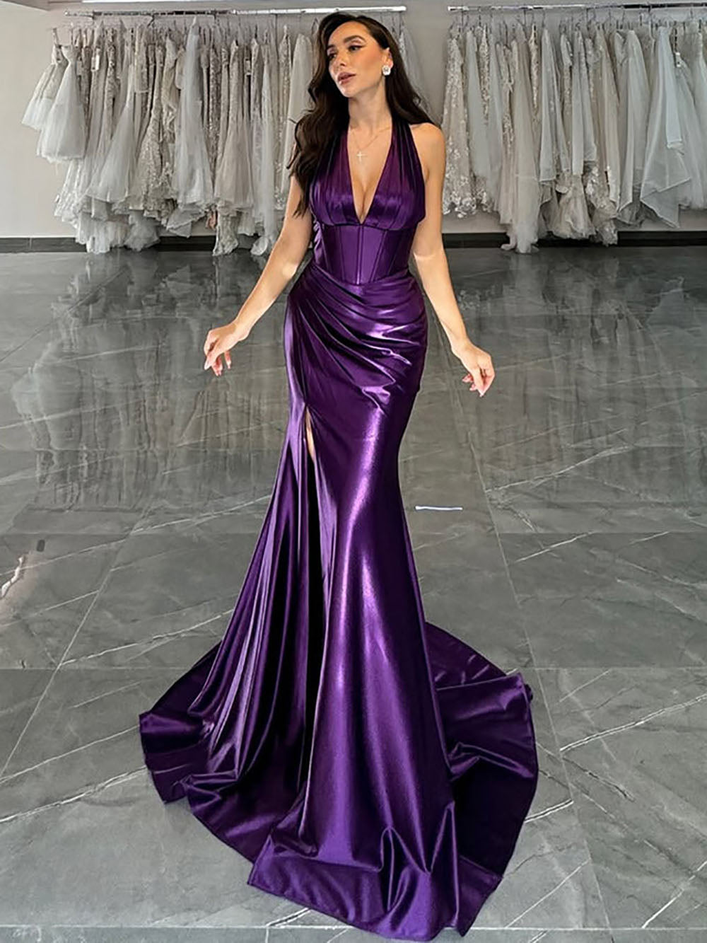 Purple Satin Halter Evening Gown Deep V Neck Corset Mermaid Prom Dress Ms2601136