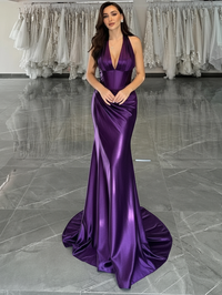 Purple Satin Halter Evening Gown Deep V Neck Corset Mermaid Prom Dress Ms2601136