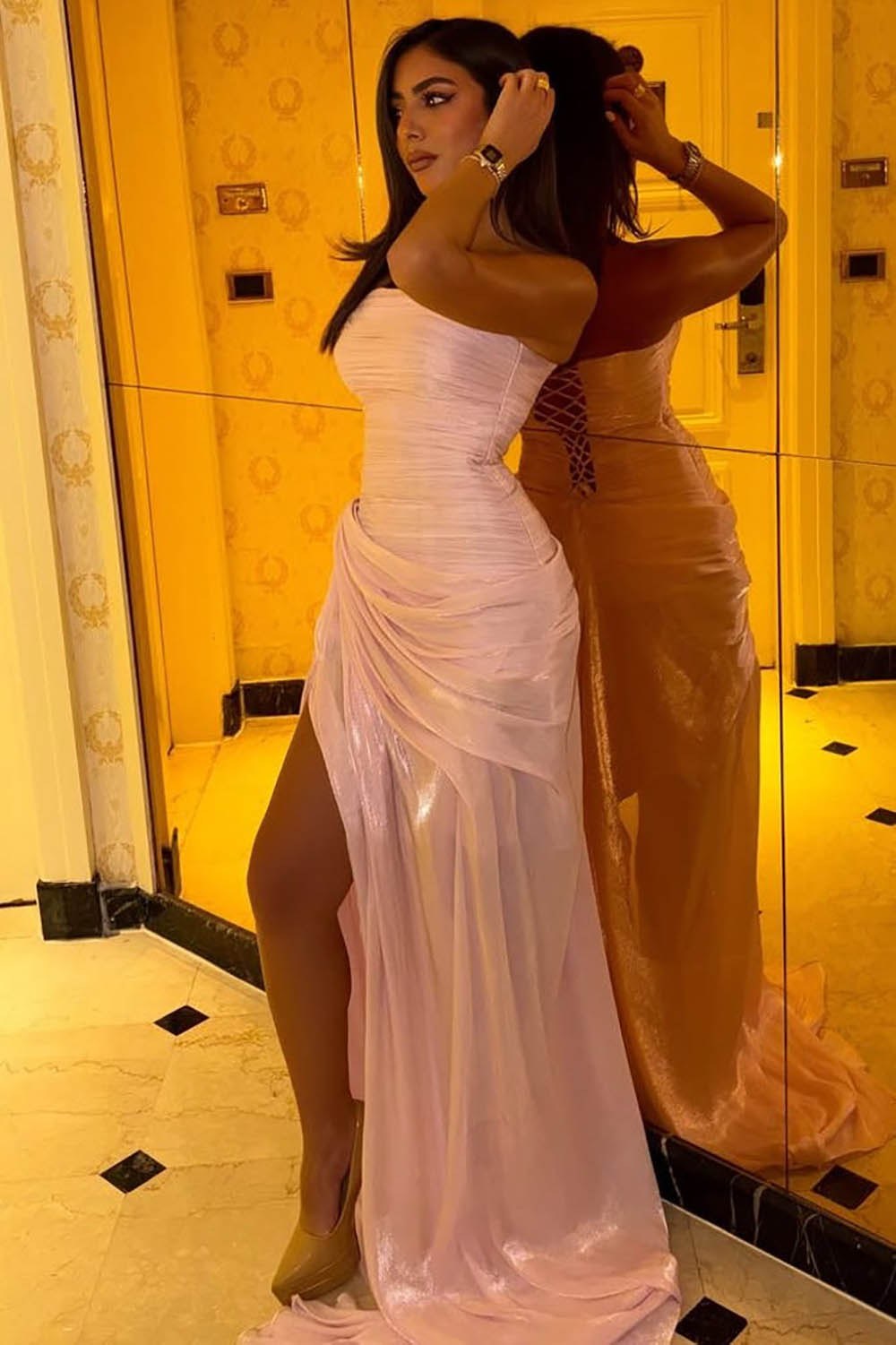 Pink Prom Dress Strapless Shiny Ruched High Slit Formal Occasion Gown Evening Dress Ms2609063