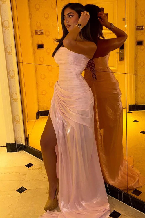 Pink Prom Dress Strapless Shiny Ruched High Slit Formal Occasion Gown Evening Dress Ms2609063