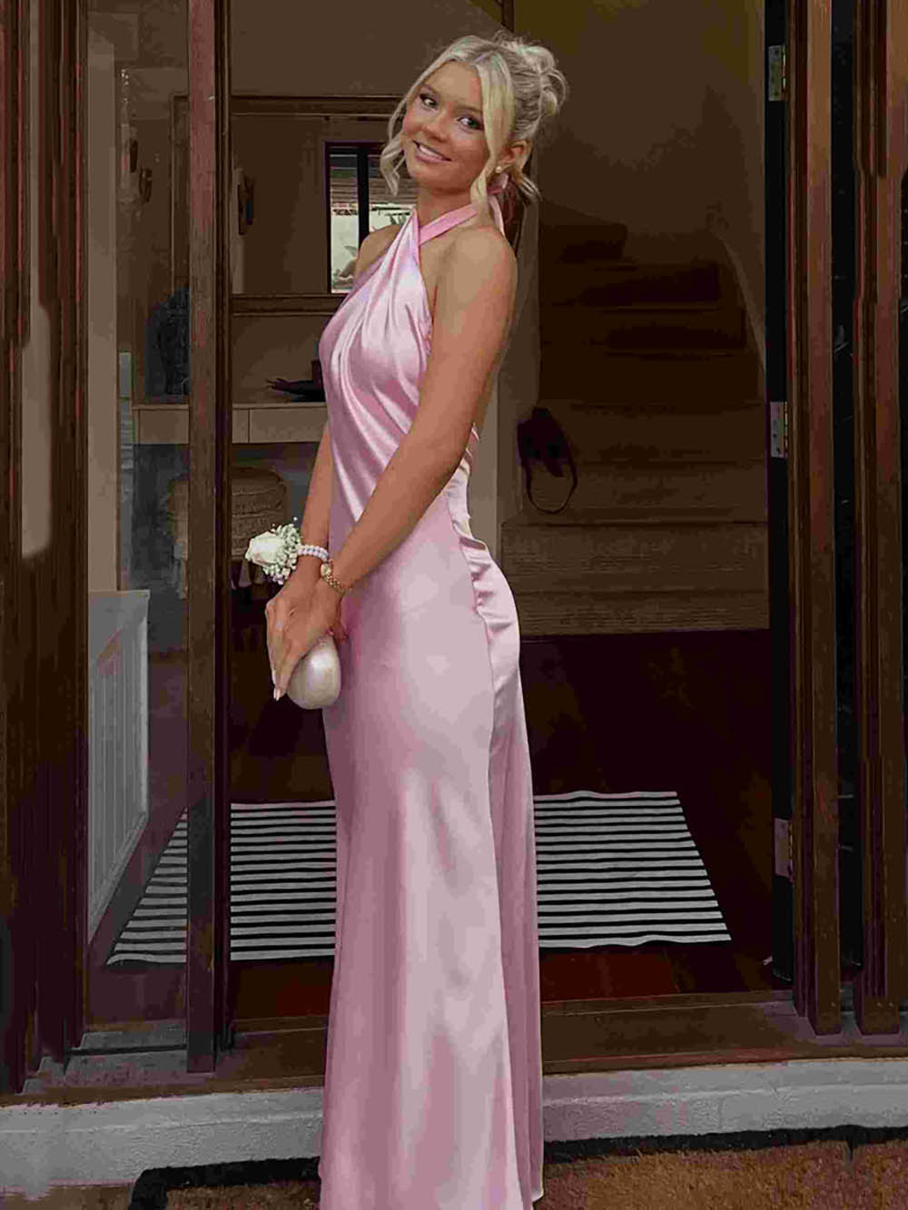 Pink Prom Dress Halter Satin Mermaid Party Gown Backless Women's Evening Dress Ms2609234
