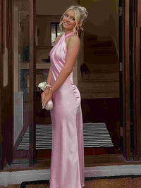 Pink Prom Dress Halter Satin Mermaid Party Gown Backless Women's Evening Dress Ms2609234