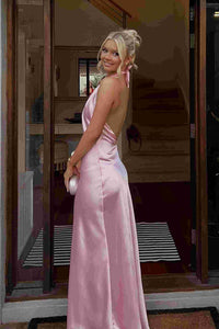 Pink Prom Dress Halter Satin Mermaid Party Gown Backless Women's Evening Dress Ms2609234