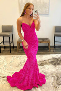 Red Strapless Mermaid Evening Dress Sparkly Long Prom Dress Ms2509211