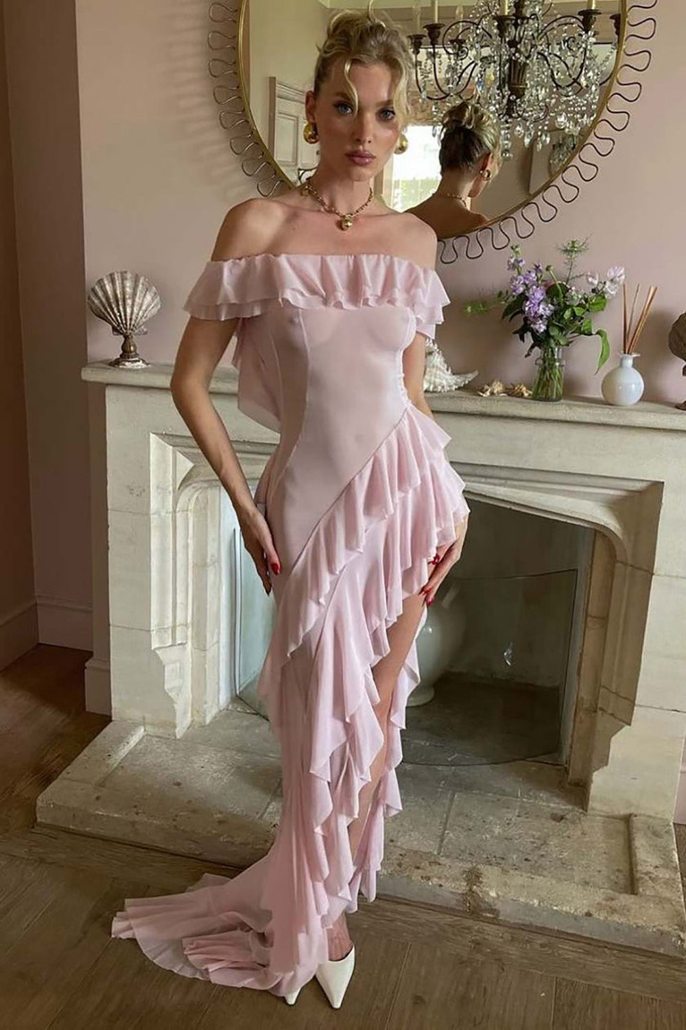 Elegantes grünes Ballkleid mit Rüschen und Rundhalsausschnitt für Damen, formelle Anlässe, Partykleid, Abendkleid