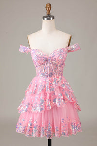 Gold Sequin Prom Dress Lace Layered Off Shoulder Mini Party Dress Ms09193