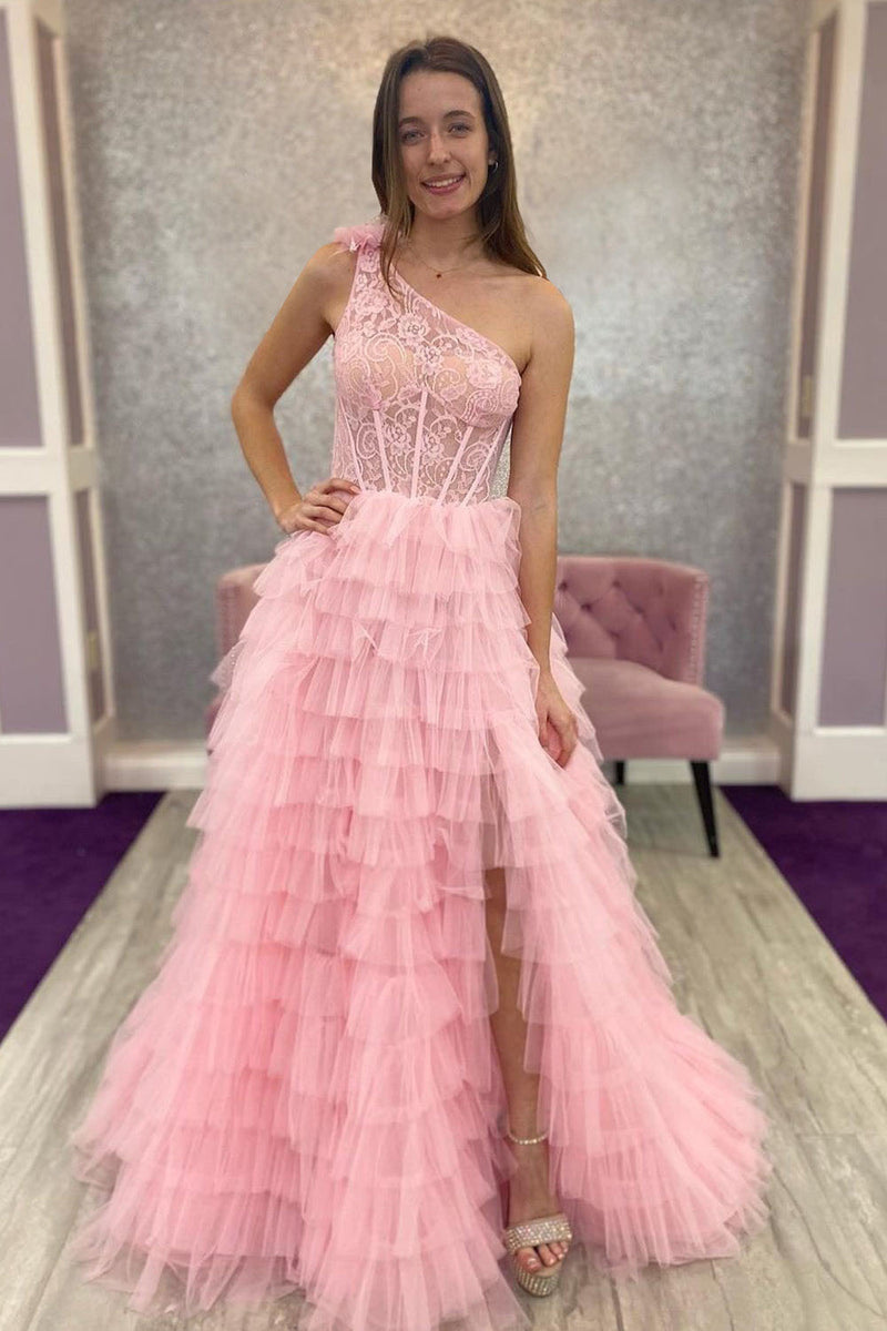Pink One Shoulder Corset Prom Dress Layered Slit Evening Dress Ms2508224