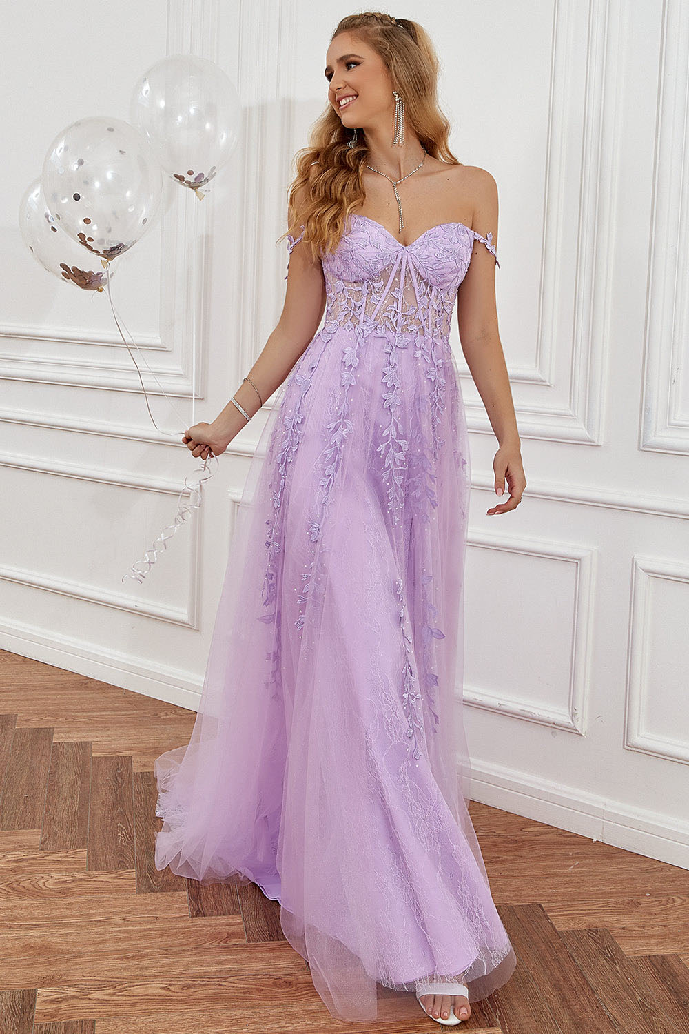Lace Appliques A Line Evening Dress Sexy Slit Tulle Prom Dress Ms2508222