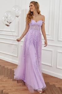 Lace Appliques A Line Evening Dress Sexy Slit Tulle Prom Dress Ms2508222